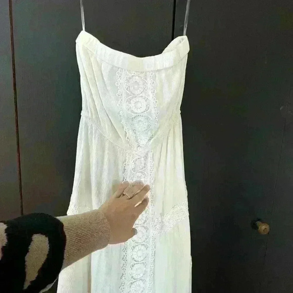 Justily Maxi Dress Women Size M White Lined Vacation Island Beach Swim Strapless - Picture 14 of 14